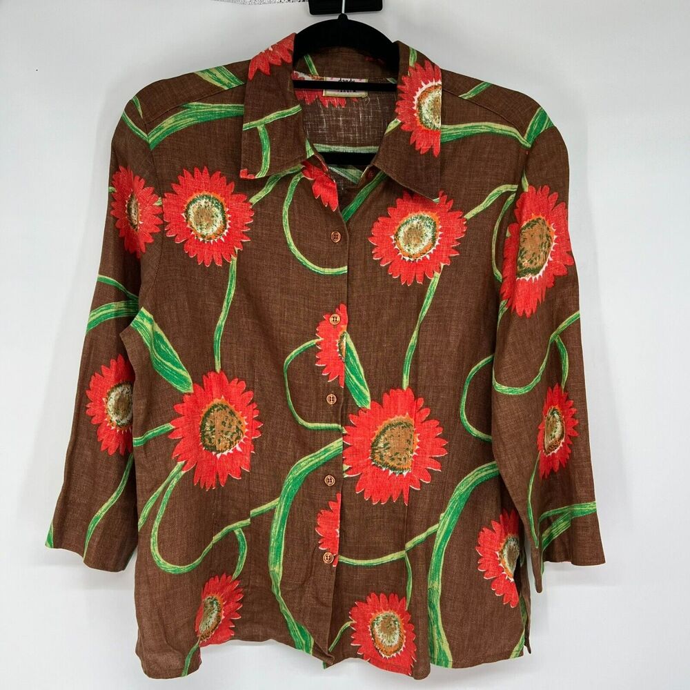 Dandy By Randi Linen Shirt Woman’s M Brown Floral Button-Down